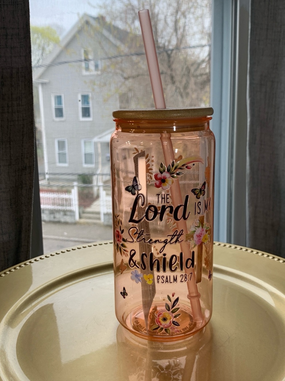 Inspirational Floral Pink Acrylic Tumbler with Straw